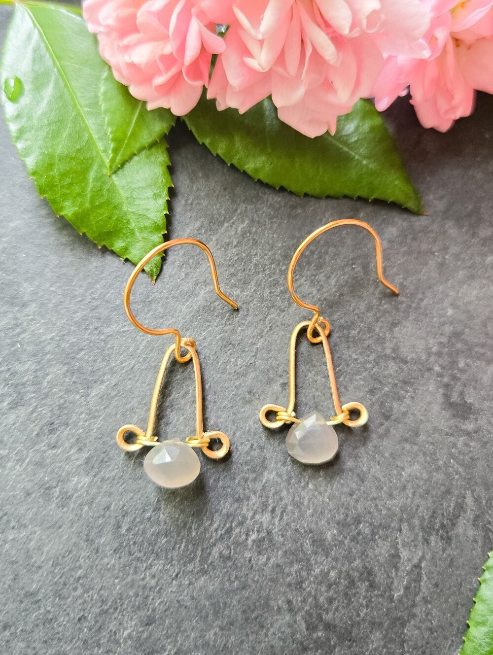 NWT Artisan-Made Gray Moonstone Brass Arc Earrings
